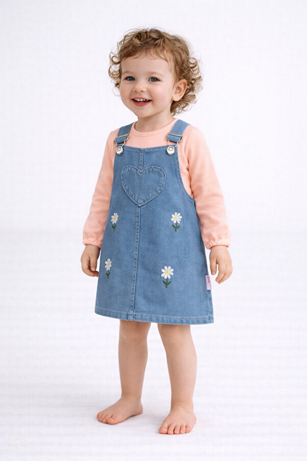 dinamik çocuk Kız Bebek Papatya Nakışlı Kalpli Esnek Kot Görünümlü Jile & Uzun Kollu Badi Takımı– 2'li Set 6Ay–2ya