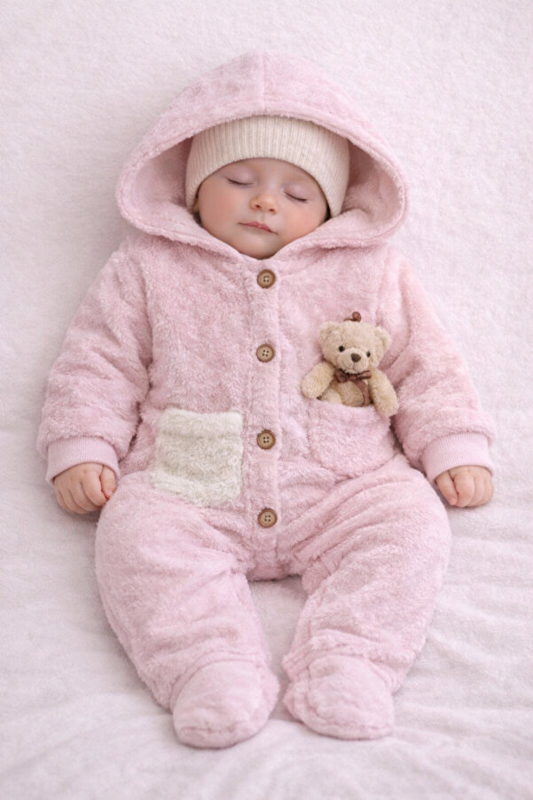 Dandini ayıcık figürlü Kapişonlu Polar Bebe Tulumu