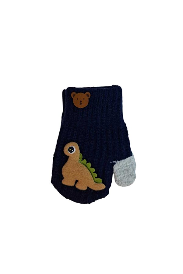 Kitti Spteks 1-3 Yaş Erkek Bebe Çocuk Lacivert Renk Sevimli Dinozor Figürlü Kışlık Örme Eldiven
