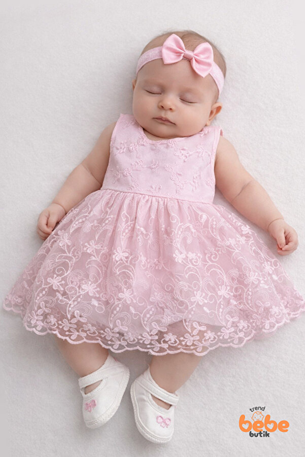 Trend Bebe Butik Kız Bebek Mevlüt Elbisesi Seti Dantel İşlemeli Pembe Bebek Elbisesi,4Parça Yenidoğan Özel Gün Elbise