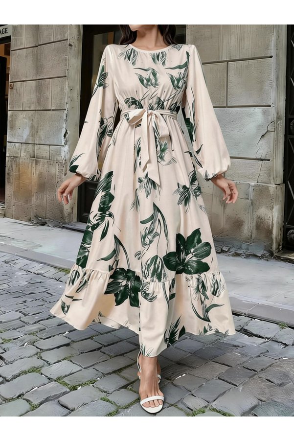 Take Two By Styli Green Floral Print Ruffled Hem A-Line Maxi Dress