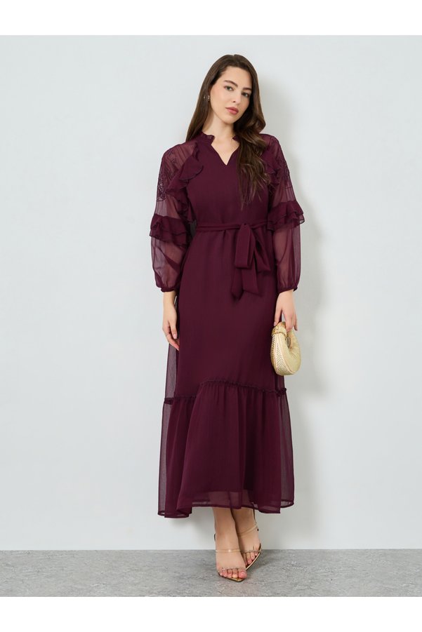 Styli Maroon Embroidered Maxi Dress with Ruffle Detail