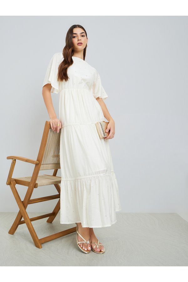 Styli Women Cream Bell Sleeve tiered Maxi Dress