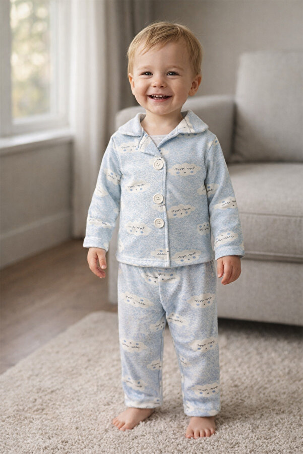 ADABEBEK %100 Pamuk Düğmeli Desenli Pijama Takımı