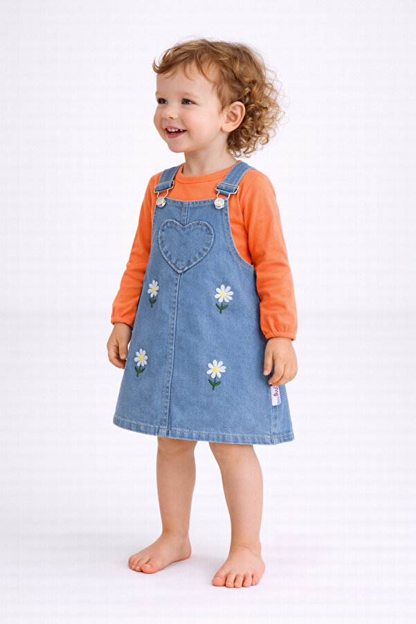 dinamik çocuk Kız Bebek Papatya Nakışlı Kalpli Esnek Kot Görünümlü Jile & Uzun Kollu Badi Takımı– 2'li Set 6Ay–2ya