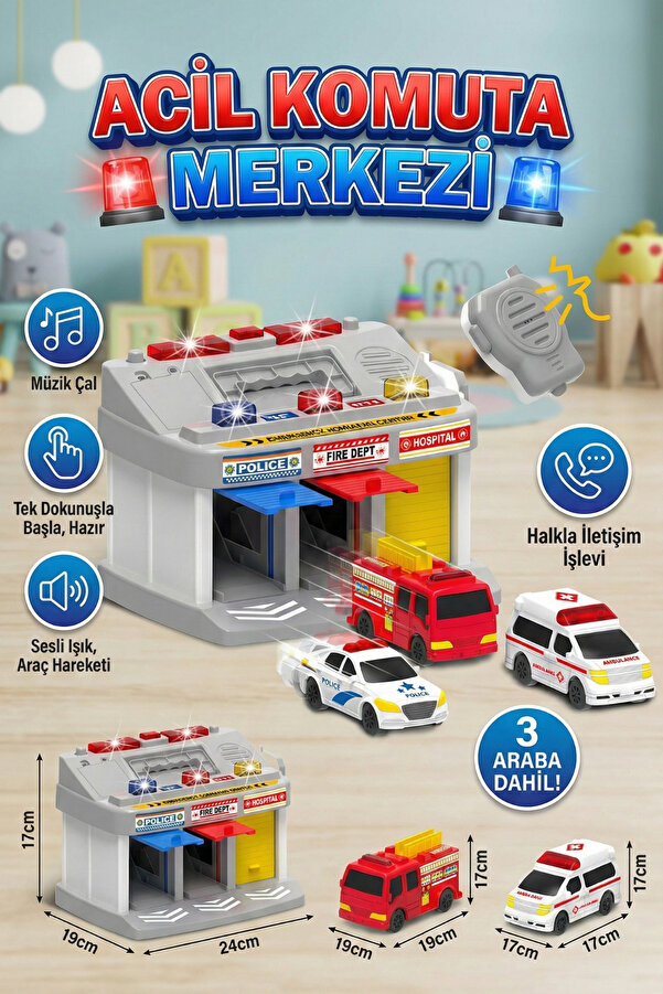 craftivio Sesli ve Işıklı Acil Durum Komuta Merkezi Garaj Seti - Telsizli, 3 Araçlı Eğitici Oyuncak