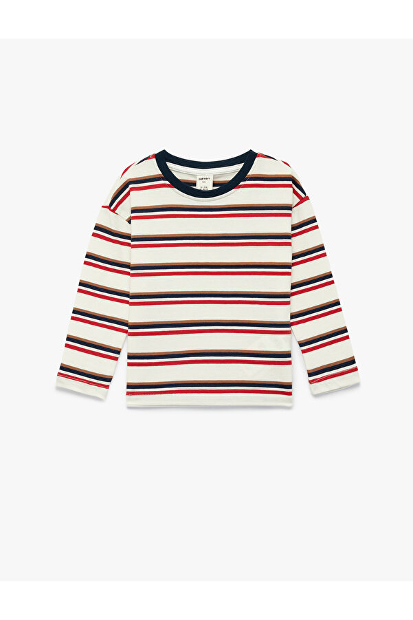 Koton Pamuklu Uzun Kollu Bisiklet Yaka Çizgili Tişört