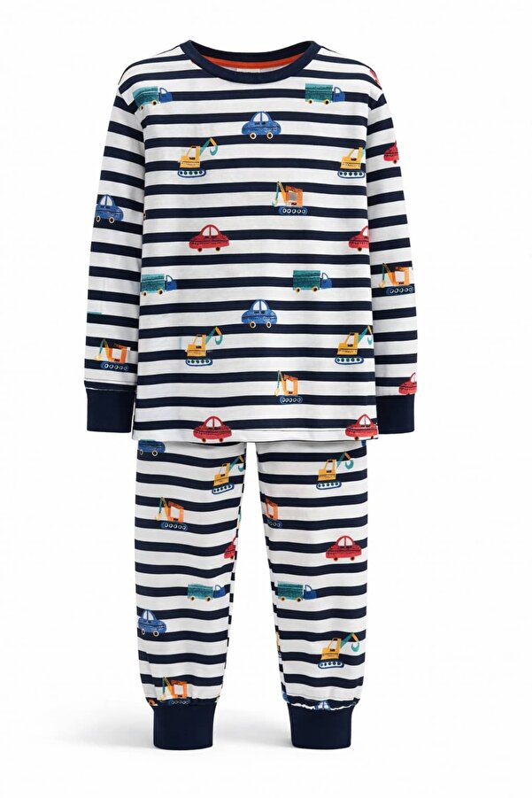 CQCQ Çizgili Araç Desenli Erkek Çocuk Pijama Takımı %100 Pamuk