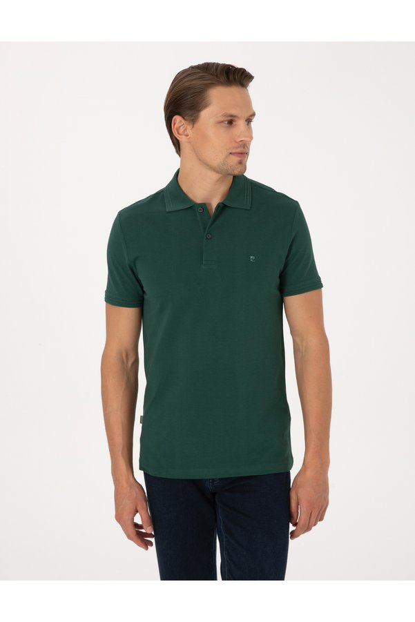 Pierre Cardin Dark Green Slim Fit 100% Cotton Non-Curling Buttoned Polo Collar Basic T-Shirt 50325323-Vr079