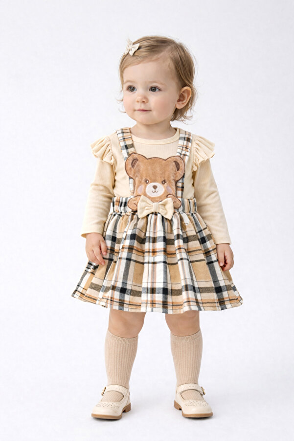 UmBaby Kız Bebek Ayıcıklı Ekose Elbise Çıtçıtlı Body Takım Bayramlık