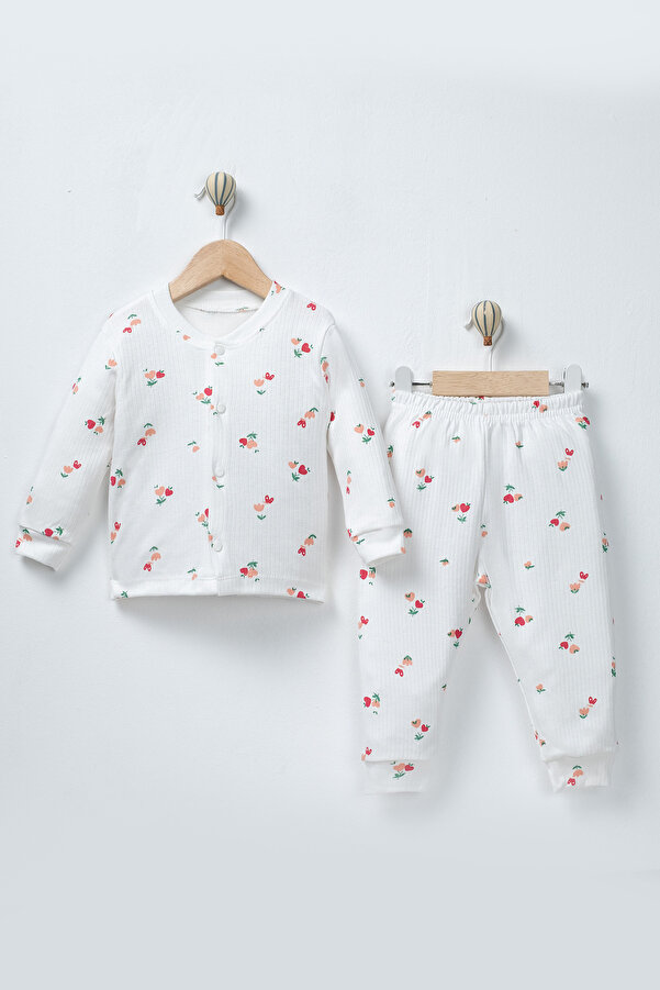 TWOO KİDS Kız Bebek&Çocuk 2'li %100 Organik Çiçekli Pijama Takımı Düğmeli Set