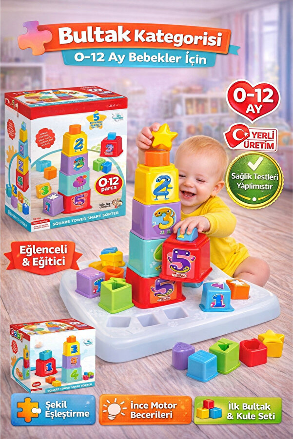 DENAPCAL Eğitici Kare Kule Bul-Tak - Bultak Lego - Bebek Oyuncağı - Şekil Takmaca