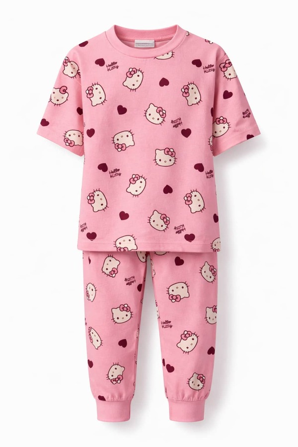 CQCQ Kız Çocuk Pembe Kalp & Kedi Desenli Yazlık Pijama Takımı %100 Pamuklu