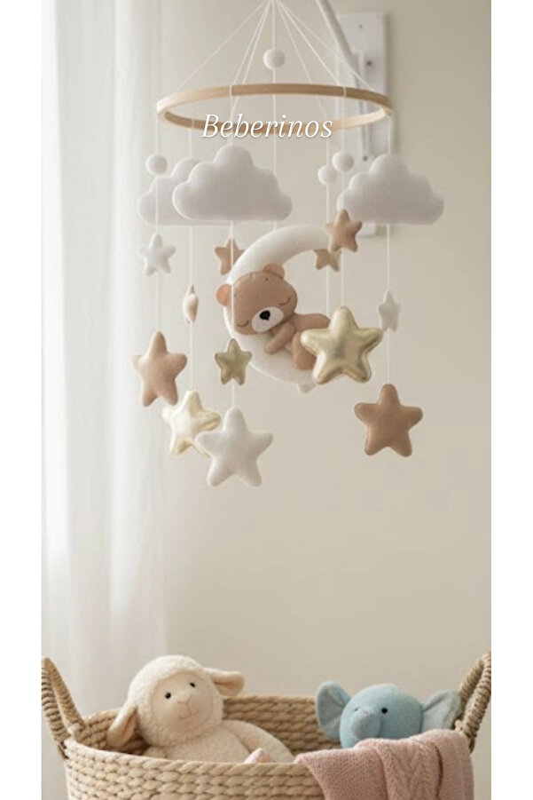 beberinos Müzikli Kahve Bej Kahve Ayıcık Bebek/ Çocuk %100 El Yapımı Bebek Beşik Süsü Dönence