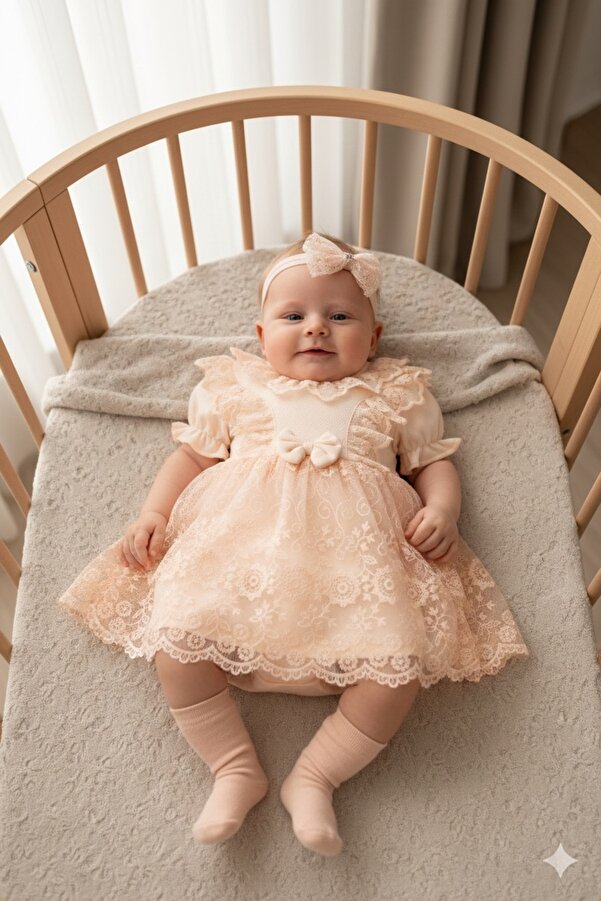 Miniday Baby Kız Bebek Mevlütlük Elbise Yazlık Bandanalı Dantelli Yeni doğan Hastane çıkışı Gelinlik Abiye 4012