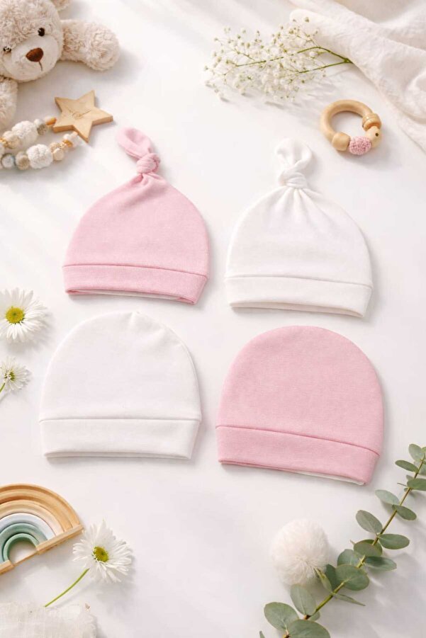 UmBaby %100 Pamuklu Yenidoğan Bebek Şapka Bere 4'lü