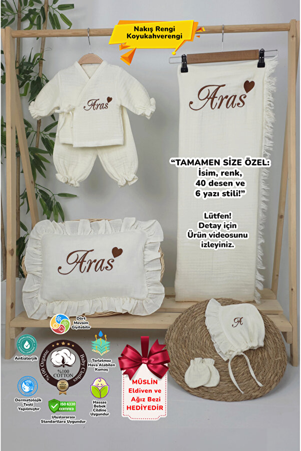 gros shop 4Katlı Müslin 6'lı Kimono Bağcıklı Tulum %100Pamuk Hastane Çıkışı(Kişiye Özgü İsimli Nakış Desenli)