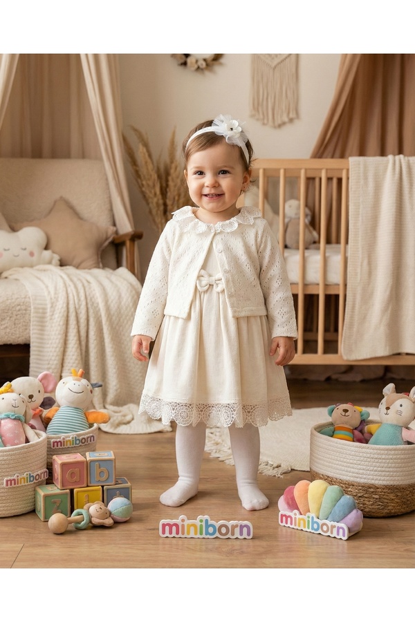 MİNİBORN KIZ UZUN KOLLU EKRU PAMUK KETEN İÇİ SIFIR KOL TRİKO HIRKALI YAKA VE ETEK TIĞ İŞİ DETAY ELBİSE SET