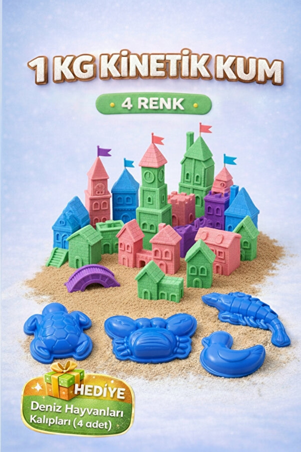 Heroes 1 Kg Kinetik Kum ve 4 Adet Kum Kalıbı Hediyeli Set- 4 Farklı Renk Eğlenceli Eğitici Oyun Kumu