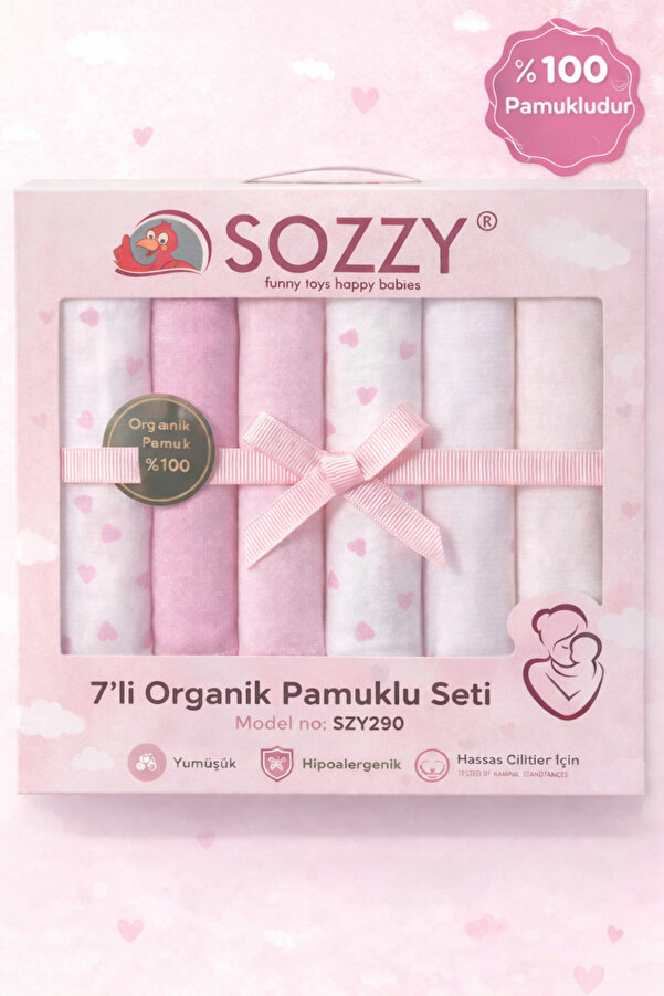 Sozzy Toys Ağız Mendili Organik Pamuklu Penye Yumuşak Kız Modeli 7 Adet - Pembe