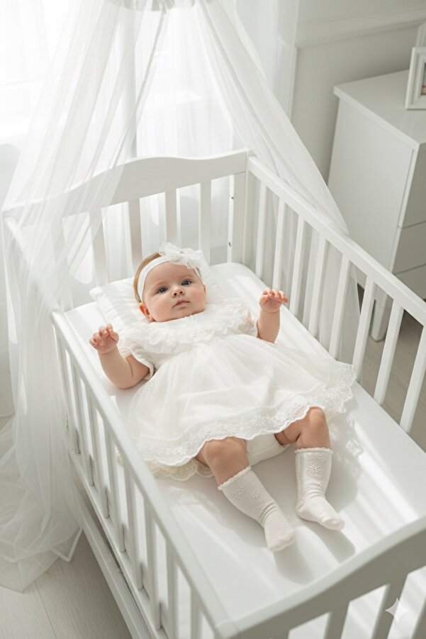 Miniday Baby Kız Bebek Mevlütlük Elbise Yazlık Bandanalı Dantelli Yeni Doğan Hastane Çıkışı Gelinlik Abiye 4010