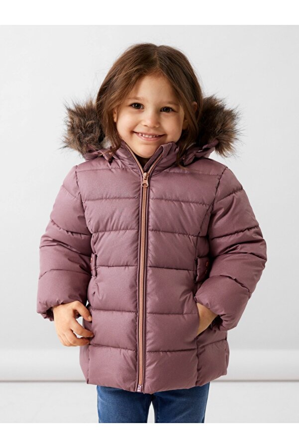 name it Gül Kurusu Kız Bebek Kapüşonlu Normal Bel Kürklü Mont NMFMERETHE JACKET3 GLITTER NOOS
