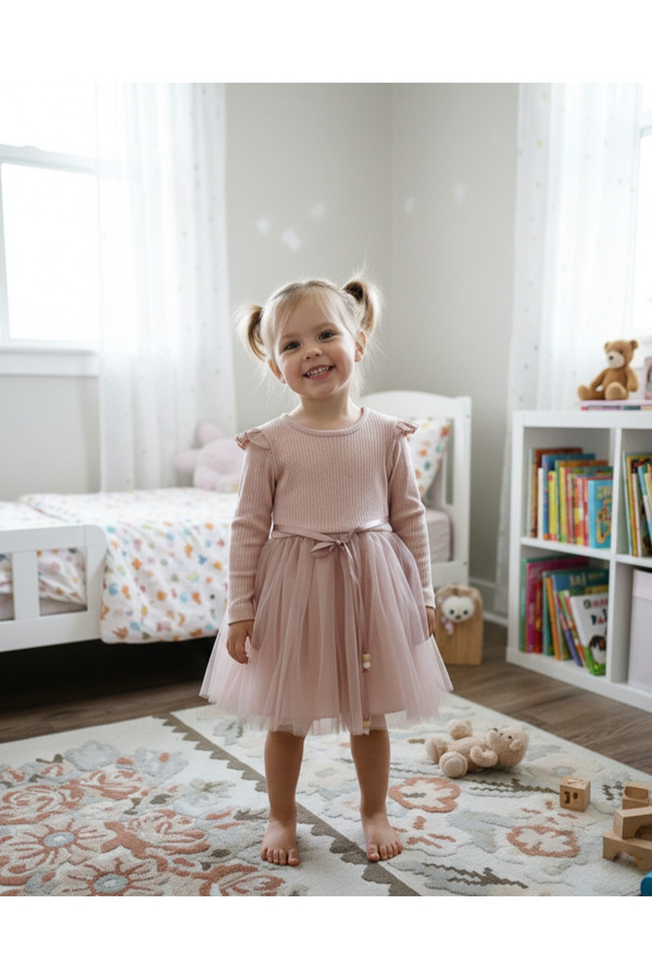 Retro Women Kız Çocuk Gül Kurusu Tül Pamuklu Uzun Kol Özel Gün Doğum Günü Abiye Hediye Günlük Prenses Elbise