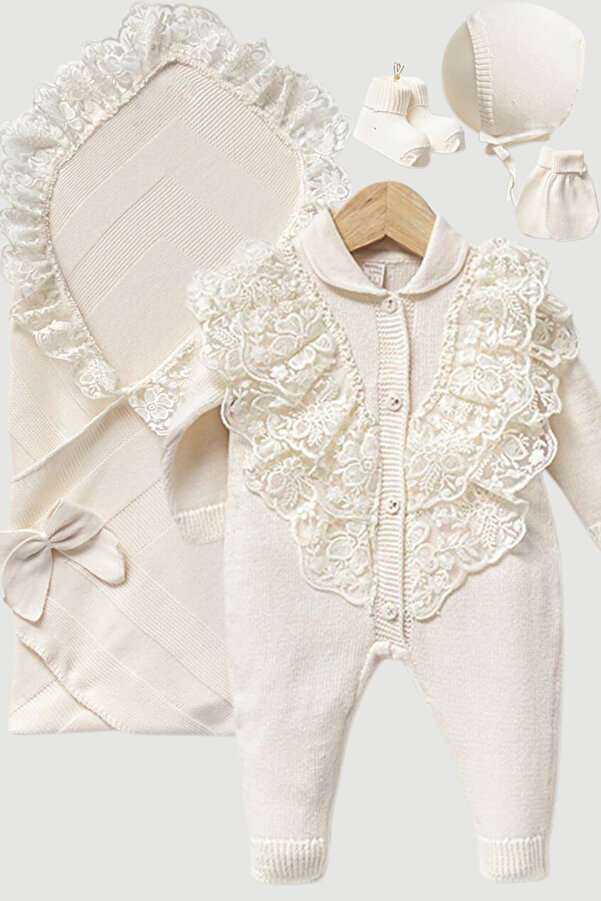 Naka Concept Elegans Kız Bebek Triko 5’li Hastane Çıkış Seti-Premium Cotton Knit Newborn Set-Gift Ready