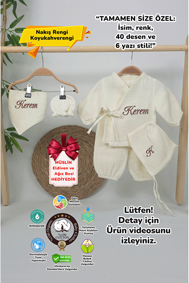 gros shop 4 Katlı Müslin 5'li Kimono Bağcıklı Tulum %100Pamuk Hastane Çıkışı(Kişiye Özgü İsimli Nakış Desenli)