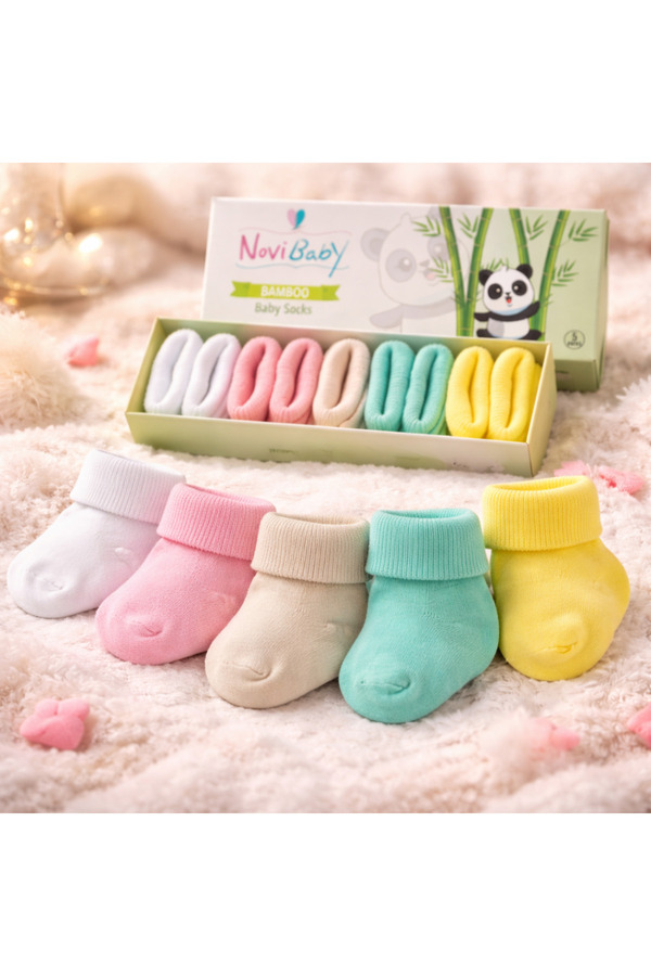 Novibaby 5'li Bambu Yenidoğan Bebek Çorap I Flower I Kız Erkek Bebek Çorabı