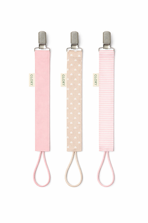 GLORY BABY Emzik Askısı - Emzik Zinciri - Emzik Tutacağı - 3'lü Set - Kalp Desenli