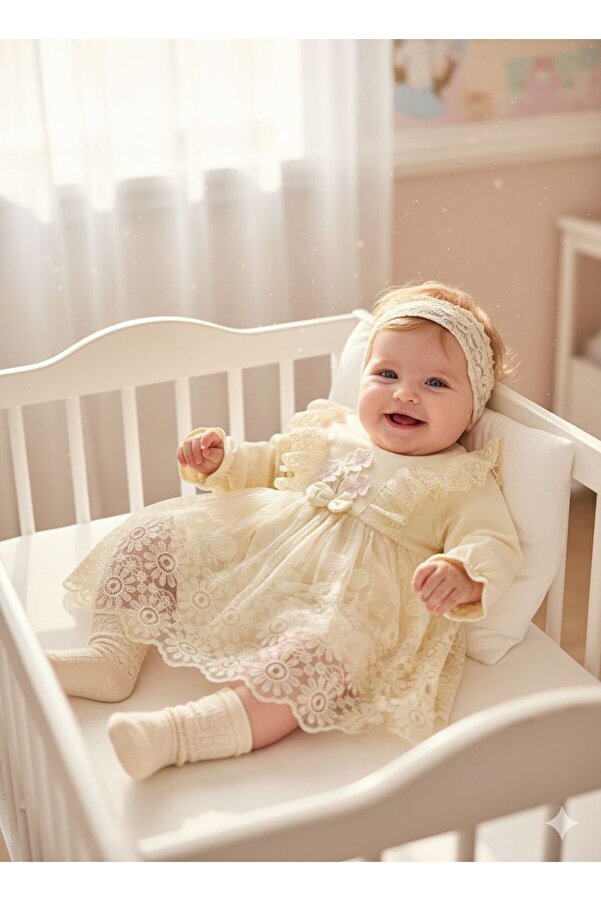 Miniday Baby Kız Bebek Mevlütlük Elbise Bandanalı Dantelli ELB1066