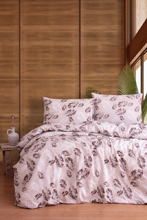 MODALİN Çift Kişilik Pamuk Nevresim Takımı 4 Parça Kahve-Bej 200x220 - Solmaz Acem Çiçeği Desenli Lily