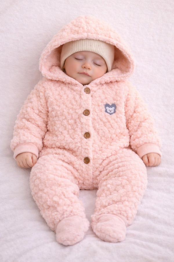 Dandini Petek Desenli Kapişonlu Polar Bebe Tulumu
