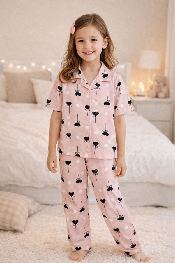 byalisdmr KIZ ÇOCUK PİJAMA TAKIMI PEMBE %100 PAMUK SÜPREM KUMAŞ KALP DESEN KISA KOLLU GÖMLEK YAKA