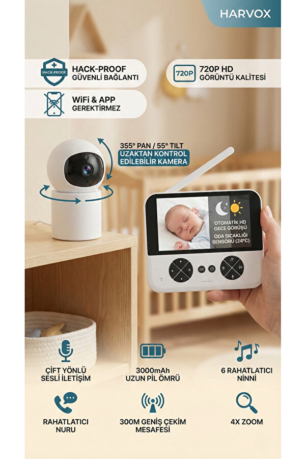 FaroxTech İnternetsiz Güvenli Bağlantı 720P HD Dönebilen Kameralı Görüntülü Bebek Telsizi ve Monitörü
