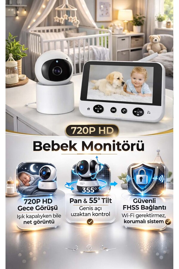 FaroxTech Uzaktan Kontrollü Dönebilen Bebek Kamerası - 720P HD Görüntü & Geniş Kapsama Alanı