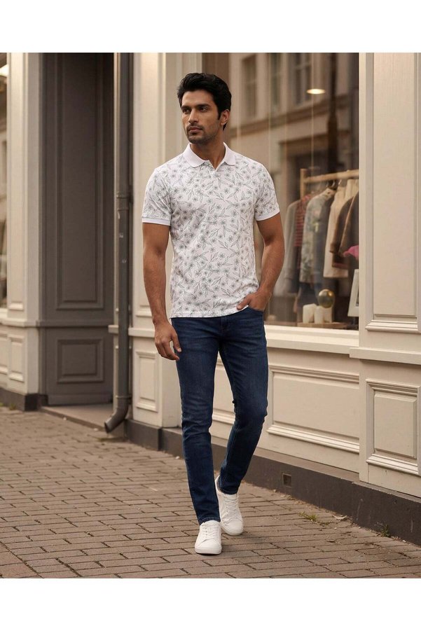 REDTAG Men Ivory all over Print Polo T-Shirt