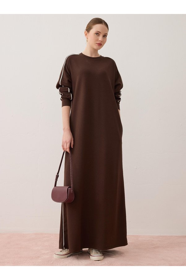 Benin Kontras Piped Detail Hijab Dress - Brown -