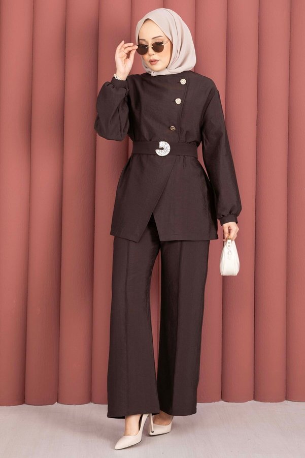 EBRUTESETTÜR Design Gold Button Belted Two-Piece Set Brown