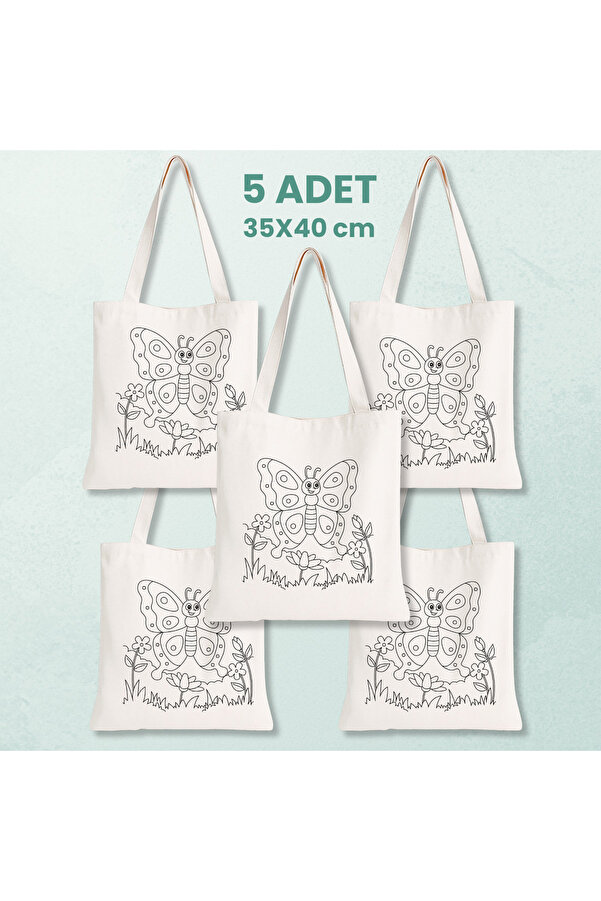 Cemira 5'li Paket Kelebek Boyanabilir Bez Çanta 35x40 cm - Çocuk Doğum Günü ve Sınıf Etkinlik Seti