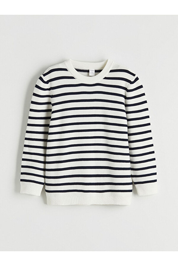 LC Waikiki Lacivert Bisiklet Yaka Çizgili Erkek Çocuk Triko Kazak