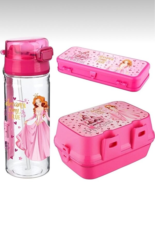 Charlotte Candle 3’lü Set 4 Bölmeli Beslenme Kutusu 500 Ml Suluk 2 Katlı Kalemlik Seti Pembe Prensesli