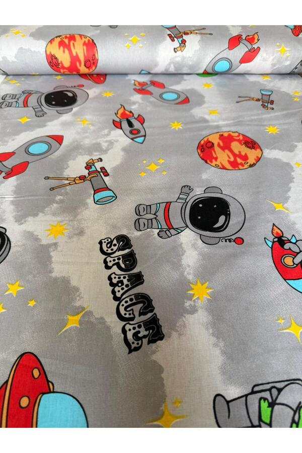 EKUMASCI Sevimli Astronot Desenli %100 Pamuk Nevresimlik Kumaş - Metrelik Kumaş 100x240 CM