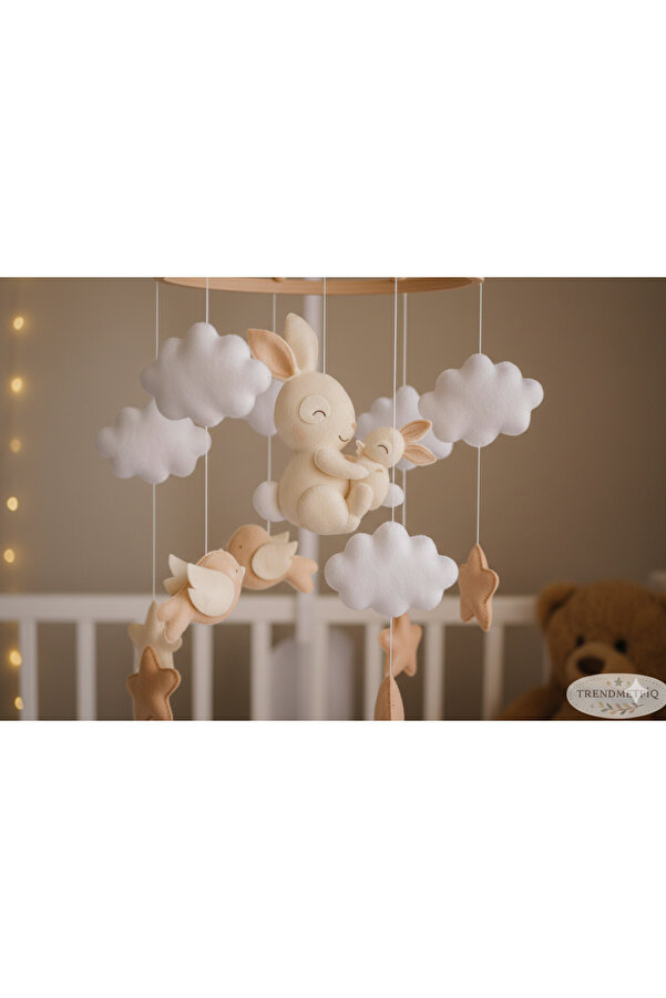 TREND METFİQ DECORATİON müzikli El Yapımı Keçe Bebek Dönencesi - Safari Tavşan Ayıcık Temalı Bebek Odası Beşik Süsleme