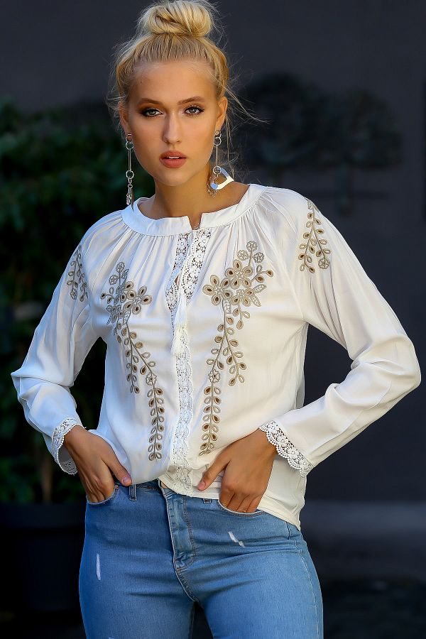 Chiccy-Bluză de damă, albă, cu găuri, cu broderie florală din dantelă, țesută M 10010200 BL94859 1
