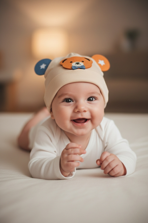 LOGO AKSESUAR Erkek Bebek Kulaklı Ayı Temalı Pamuklu Bere