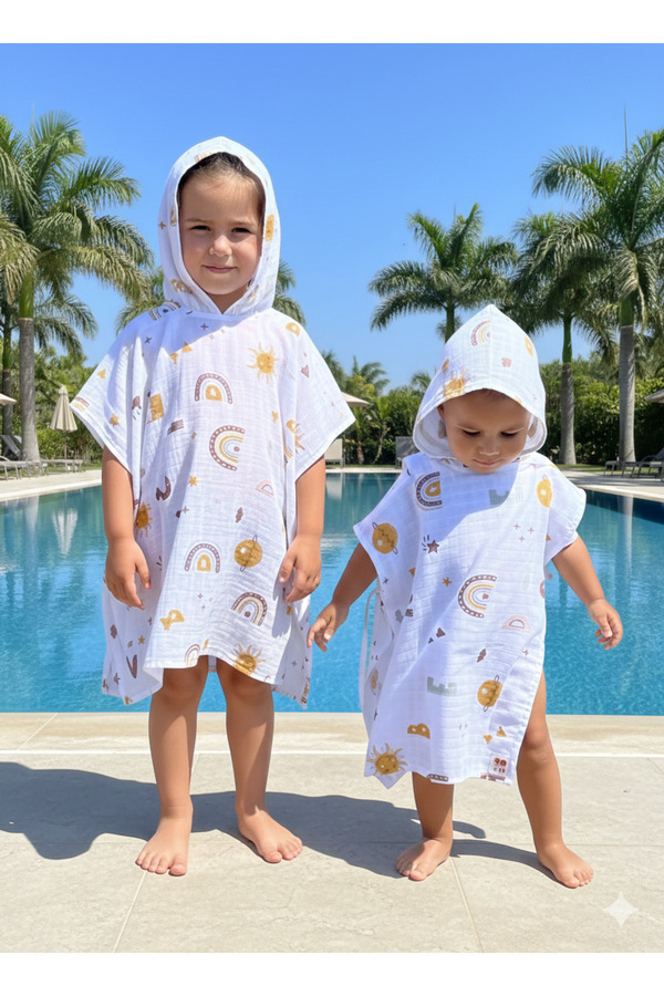 Las Vivas Kids Müslin Plaj Pançosu, %100 Pamuk Çocuk Bornozu, Bebek Deniz Havuz Havlusu,