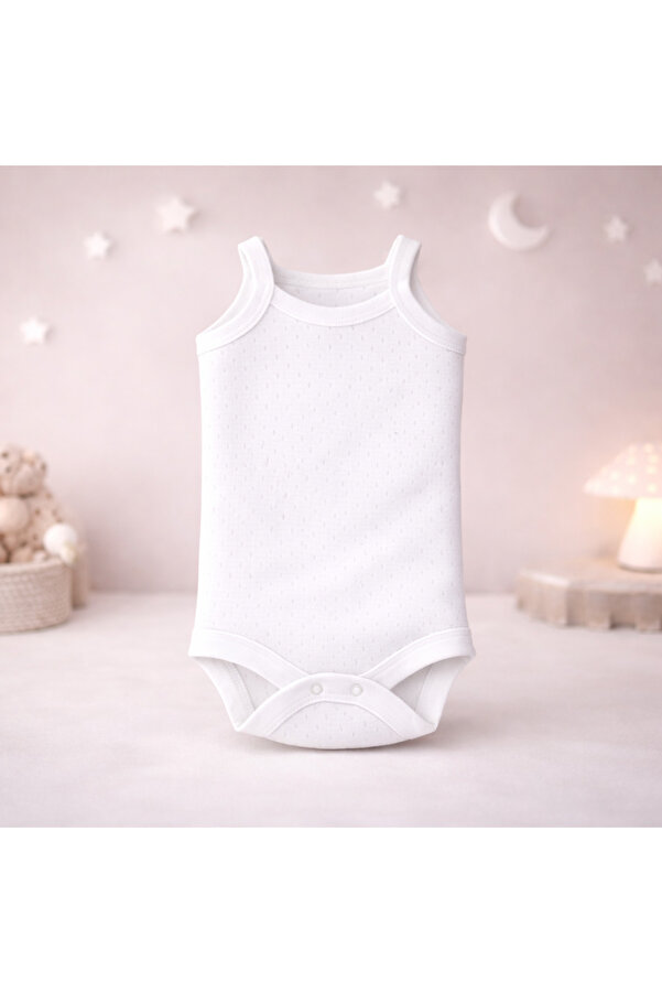 Novibaby Jakarlı İp Askılı Bebek Body Zıbın Çıtçıtlı Beyaz 100% Pamuk - Beyaz Bebek Atlet Body Zıbın