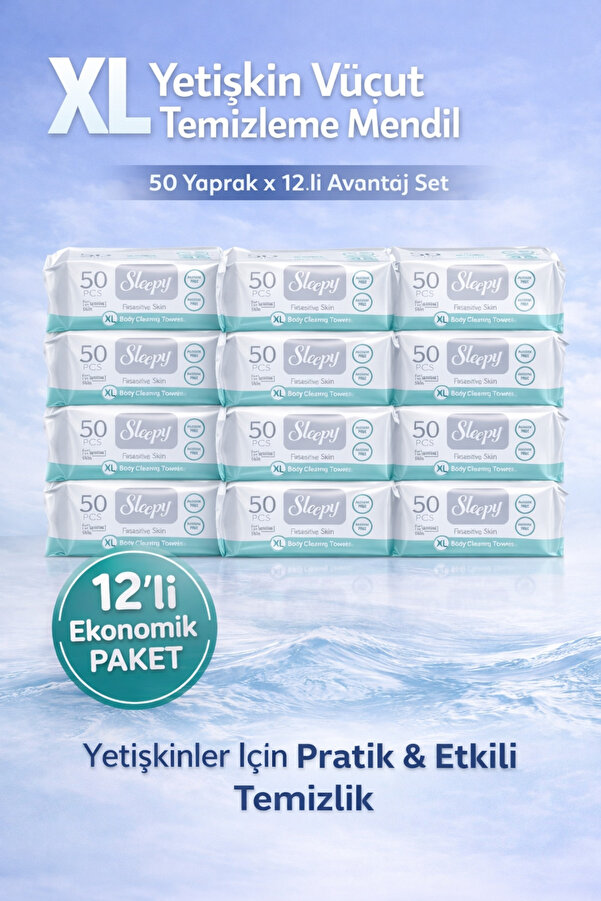 Sleepy Hasta Vücut Temizleme Islak Mendil Havlu 50 Yaprak XL 12 Li Set
